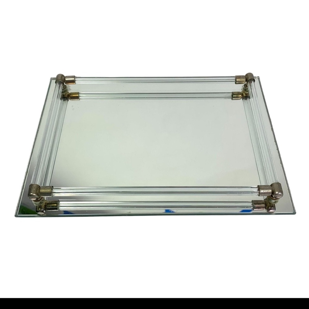 Vintage Brass Trimmed Vanity Tray Mirrored Dressing Tray 9x14” New Old Stock